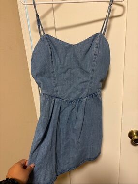 Denim Spaghetti Strap Romper in Light Blue